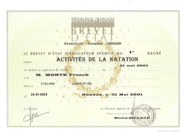 Diplôme de maître-nageur de Franck Morté de l'association Océane club à Carnac