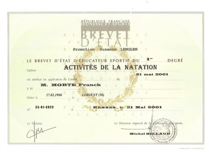 Diplôme de maître-nageur de Franck Morté de l'association Océane club à Carnac