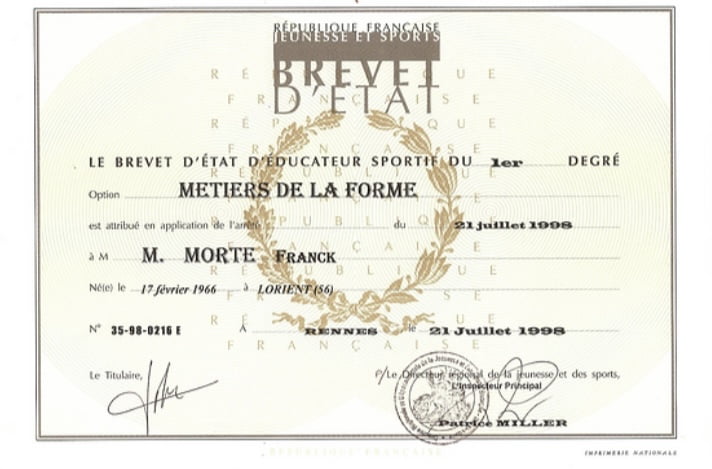 Diplôme de maître-nageur de Franck Morté de l'association Océane club à Carnac