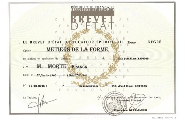 Diplôme de maître-nageur de Franck Morté de l'association Océane club à Carnac